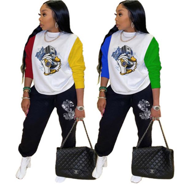womens usd pattern suits fashion trend splicing long sleeve round neck drawstring pant tracksuits female spring loose casual 2pcs sets, Gray